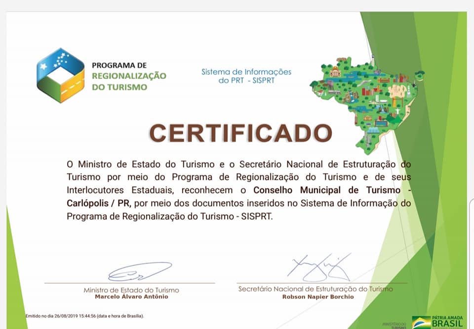 Carlópolis recebe certificados do Ministério do Turismo